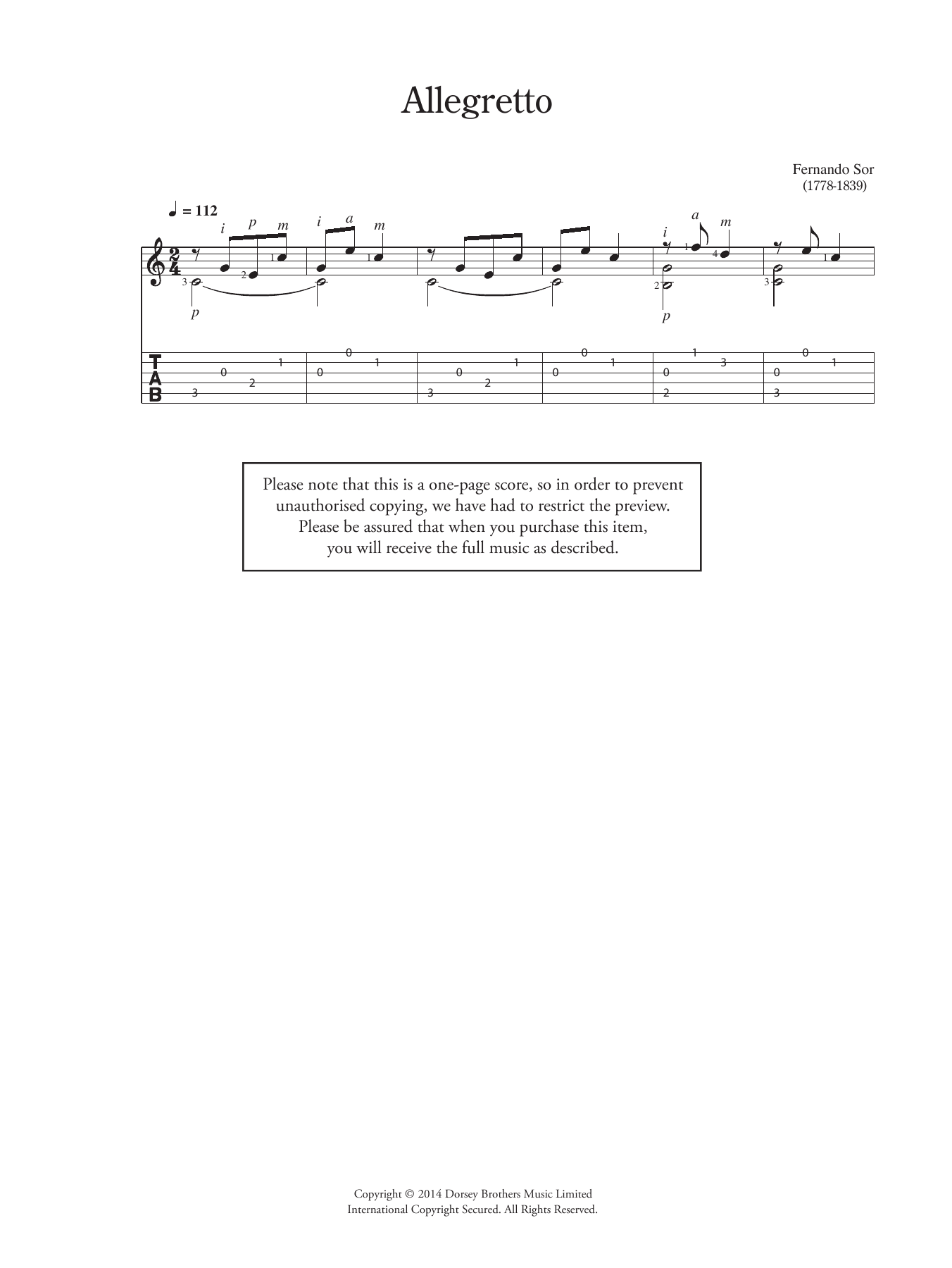 Fernando Sor Allegretto sheet music notes and chords. Download Printable PDF.