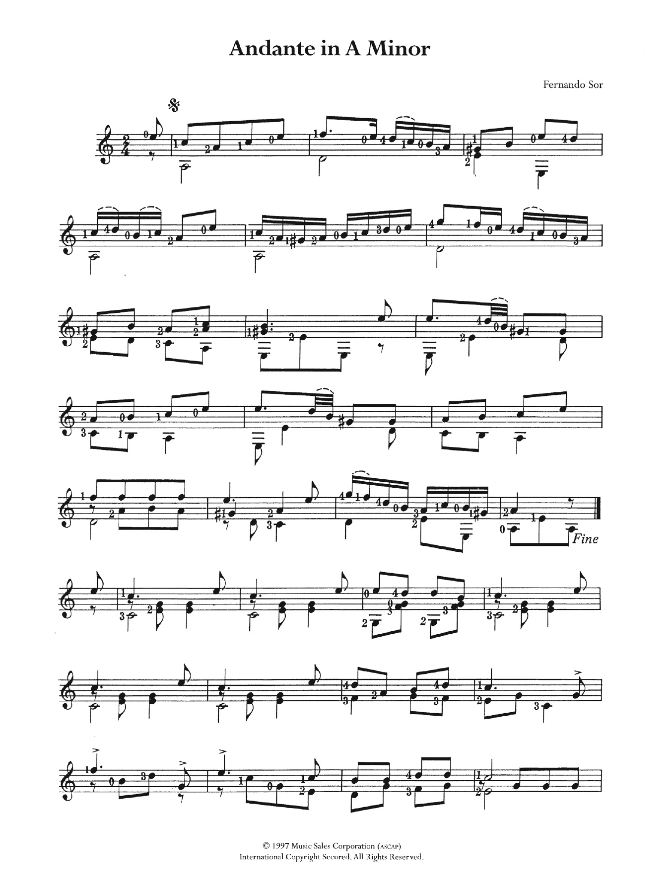 Fernando Sor Andante In A Minor sheet music notes and chords. Download Printable PDF.