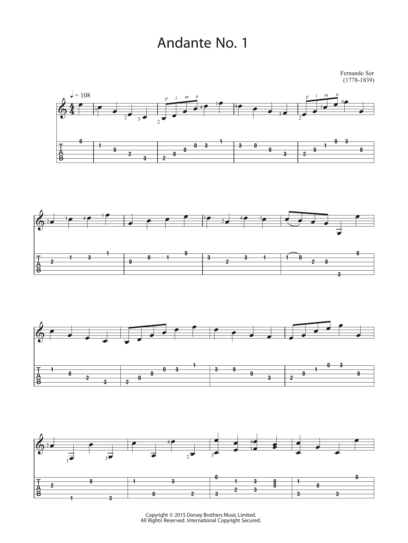 Fernando Sor Andante No. 1 sheet music notes and chords. Download Printable PDF.