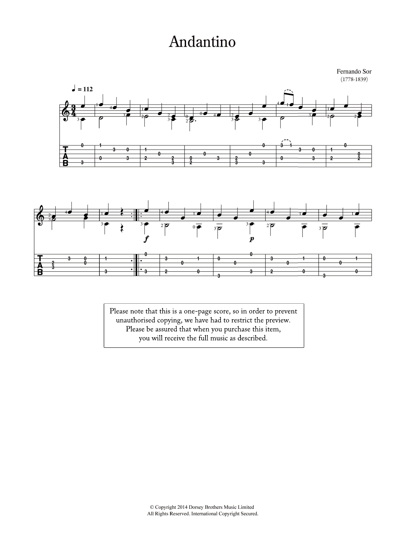 Fernando Sor Andantino sheet music notes and chords. Download Printable PDF.