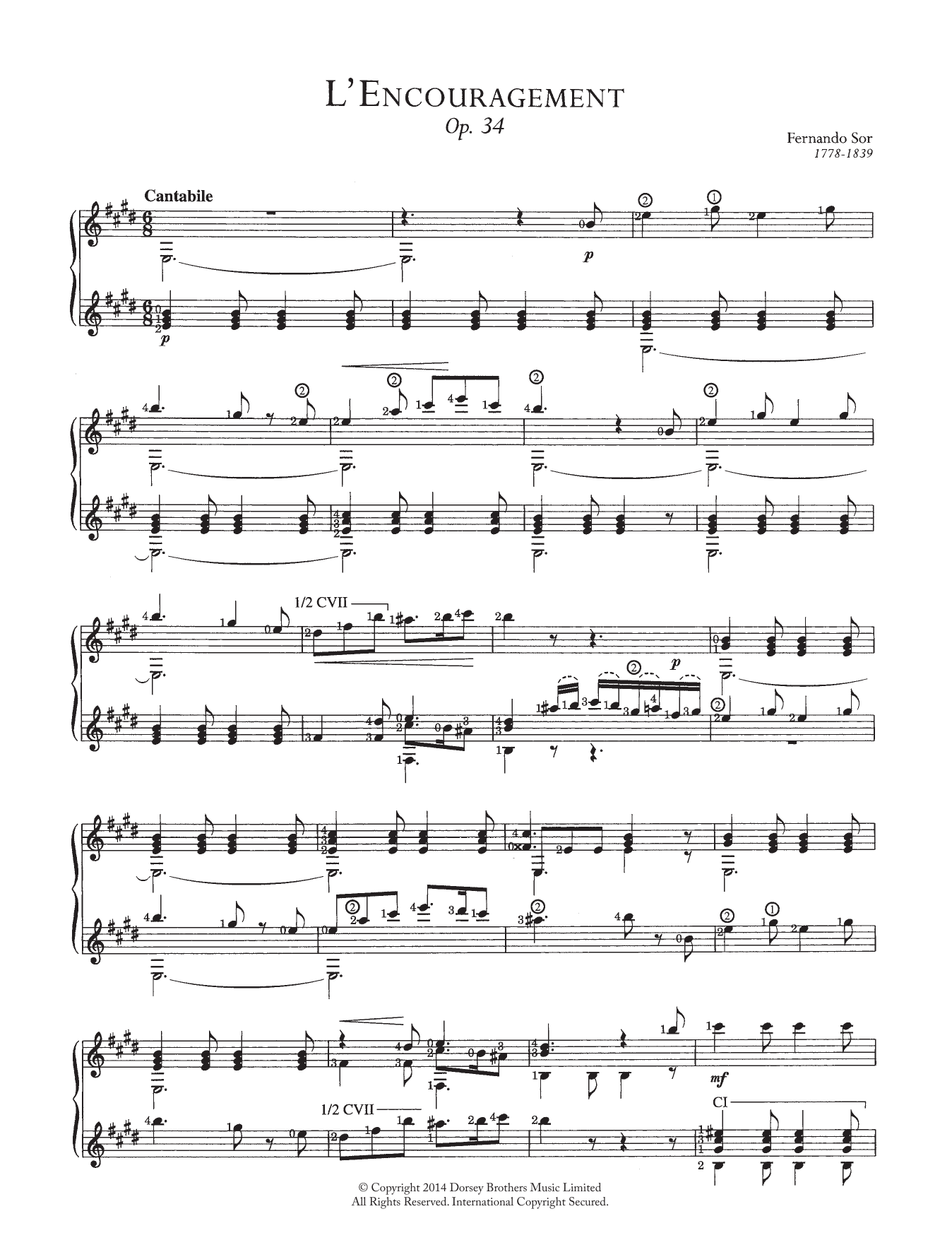 Fernando Sor L'encouragement sheet music notes and chords. Download Printable PDF.