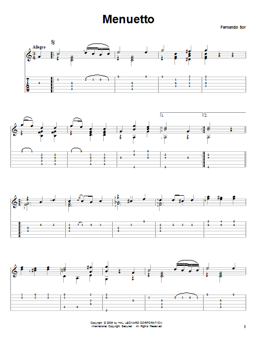 Fernando Sor Menuetto sheet music notes and chords. Download Printable PDF.