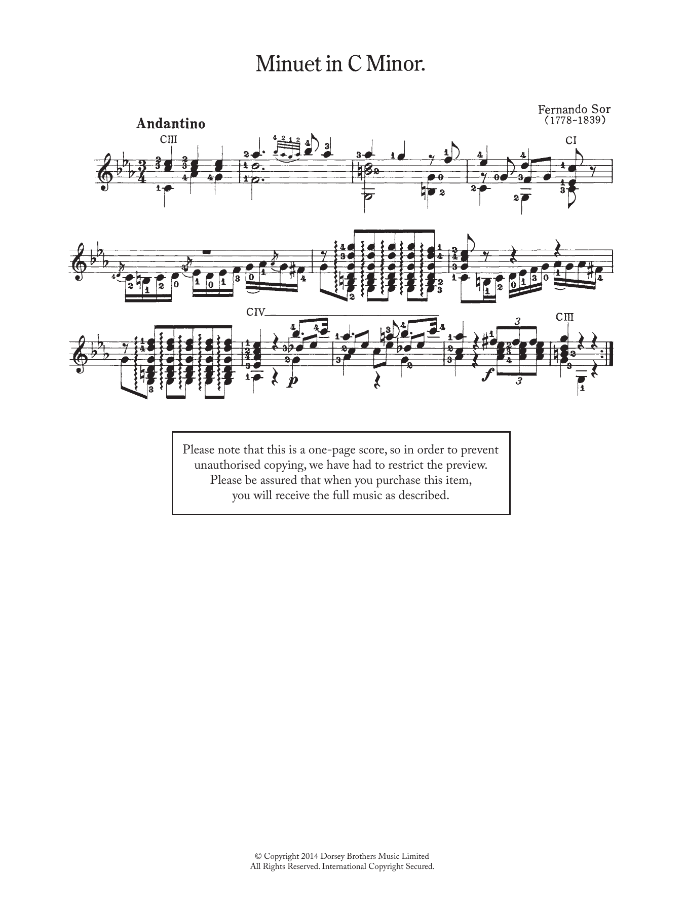 Fernando Sor Minuet In C Minor sheet music notes and chords. Download Printable PDF.