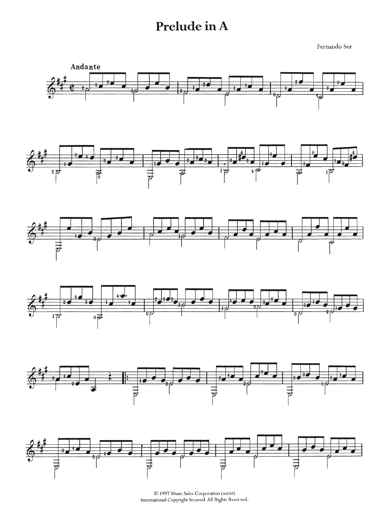 Fernando Sor Prelude In A sheet music notes and chords. Download Printable PDF.