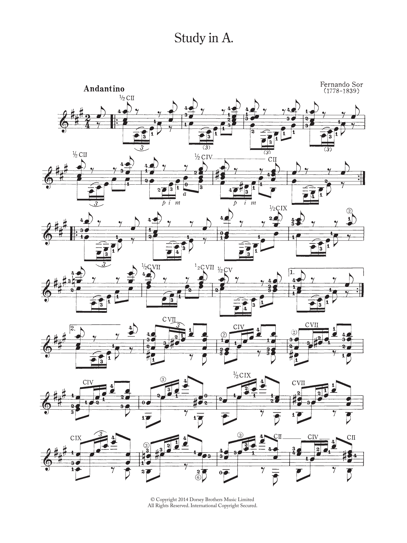 Fernando Sor Study In A sheet music notes and chords. Download Printable PDF.