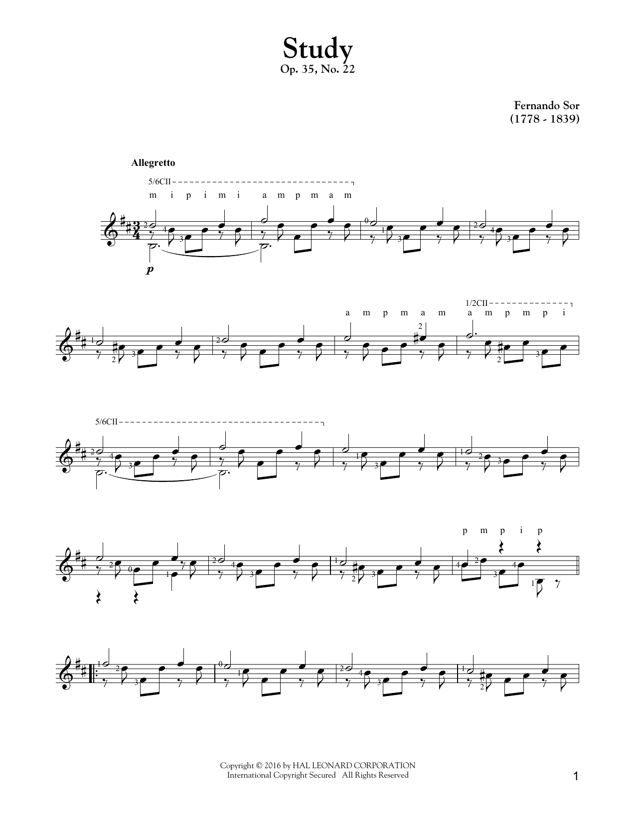 Fernando Sor Study Op. 35, No. 22 sheet music notes and chords. Download Printable PDF.