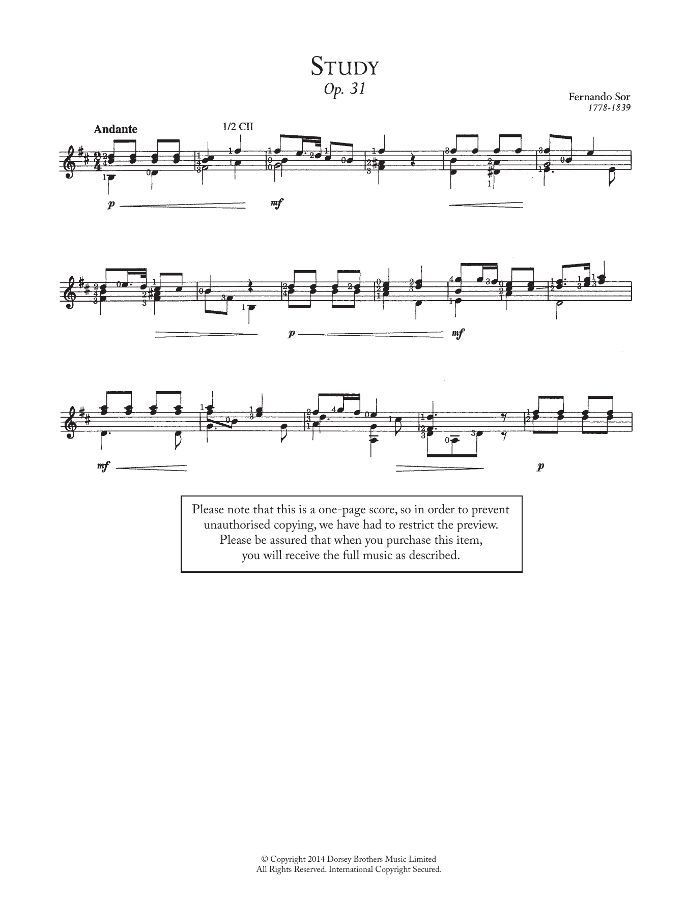 Fernando Sor Study, Op.31 sheet music notes and chords. Download Printable PDF.