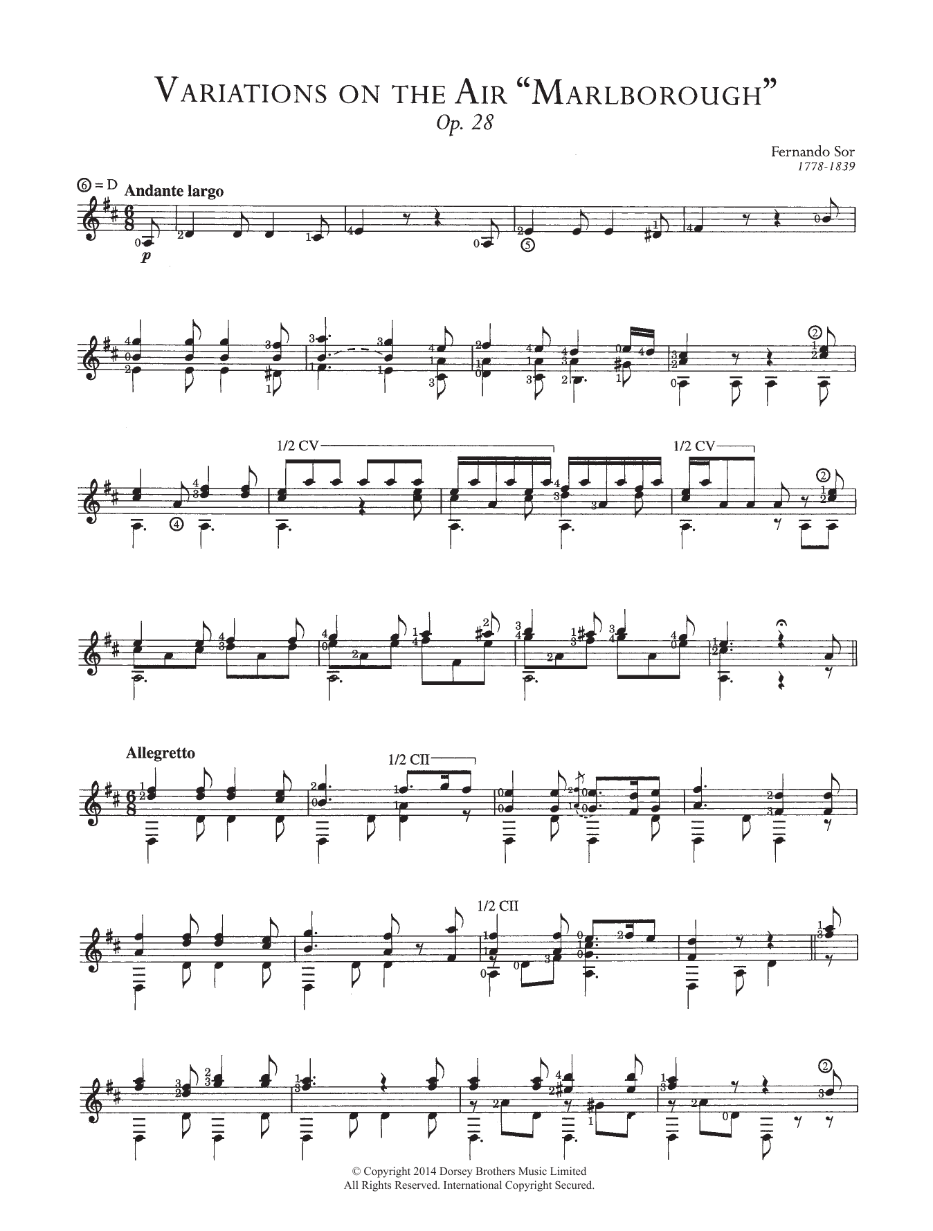 Fernando Sor Variations On The Air 'Marlborough', Op.28 sheet music notes and chords. Download Printable PDF.