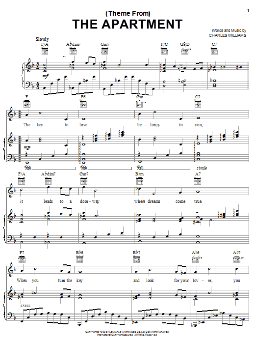 Ferrante & Teicher (Theme From) The Apartment sheet music notes and chords arranged for Piano, Vocal & Guitar Chords (Right-Hand Melody)