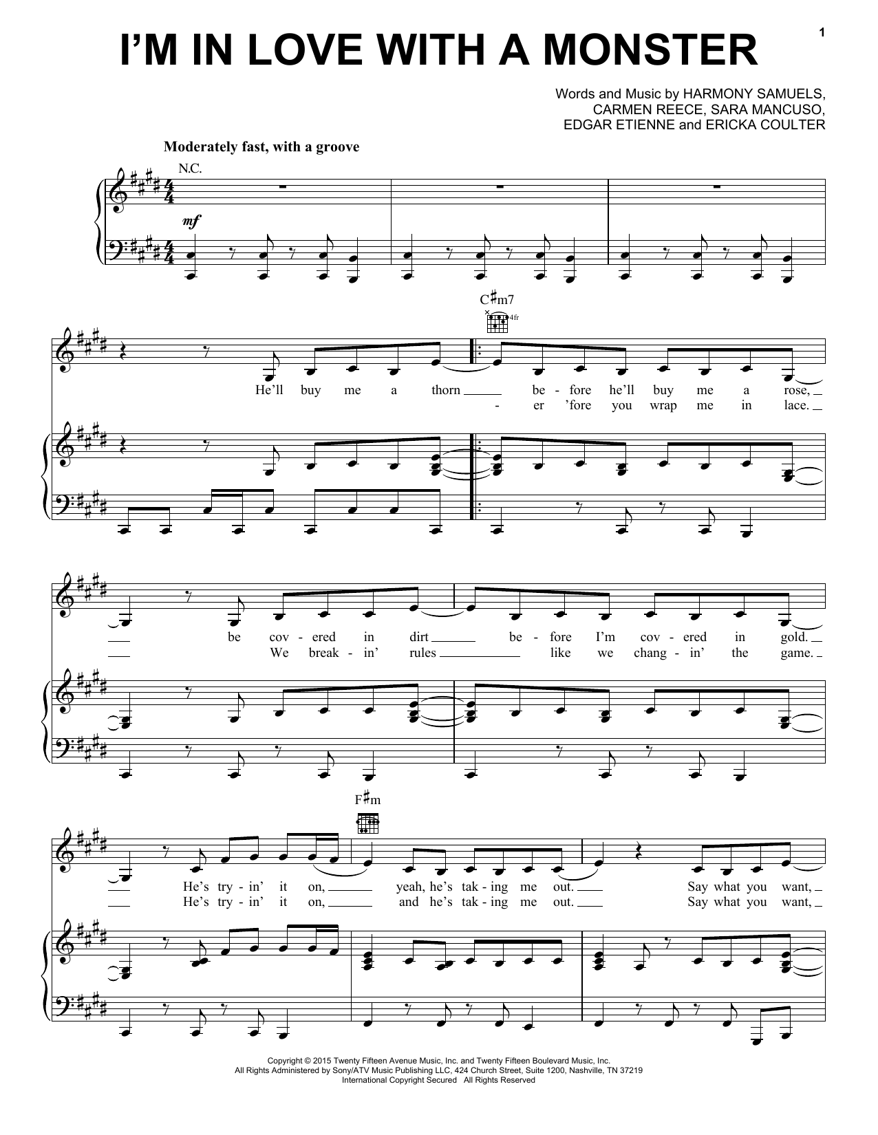 Learn to play Fifth Harmony I'm In Love With A Monster sheet music for Piano, Vocal & Guitar Chords (Right-Hand Melody) in minutes. Price: 7.8900$ Fifth Harmony I'm In Love With A Monster sheet music notes and chords arranged for Piano, Vocal & Guitar Chords (Right-Hand Melody)