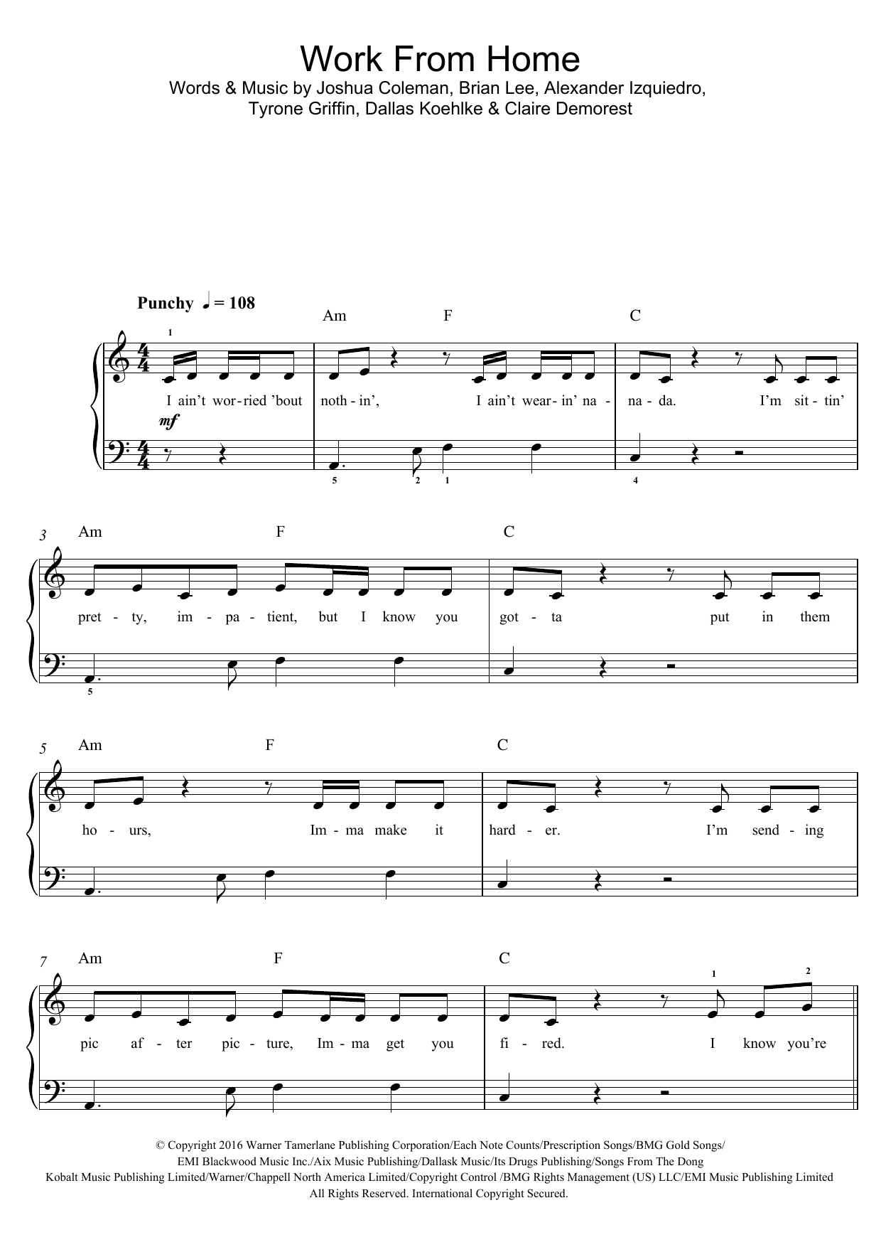 Learn to play Fifth Harmony Work From Home (feat. Ty Dolla $ign) sheet music for Piano, Vocal & Guitar Chords in minutes. Price: 7.8900$ Fifth Harmony Work From Home (feat. Ty Dolla $ign) sheet music notes and chords arranged for Piano, Vocal & Guitar Chords