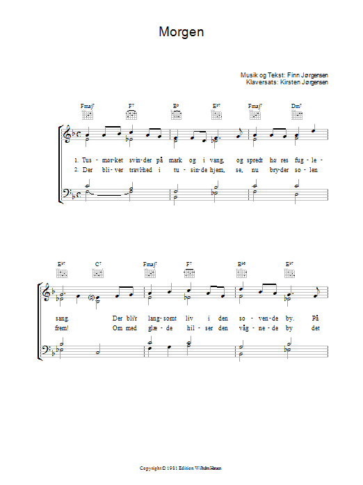 Finn Jorgensen Morgen sheet music notes and chords arranged for Piano, Vocal & Guitar Chords