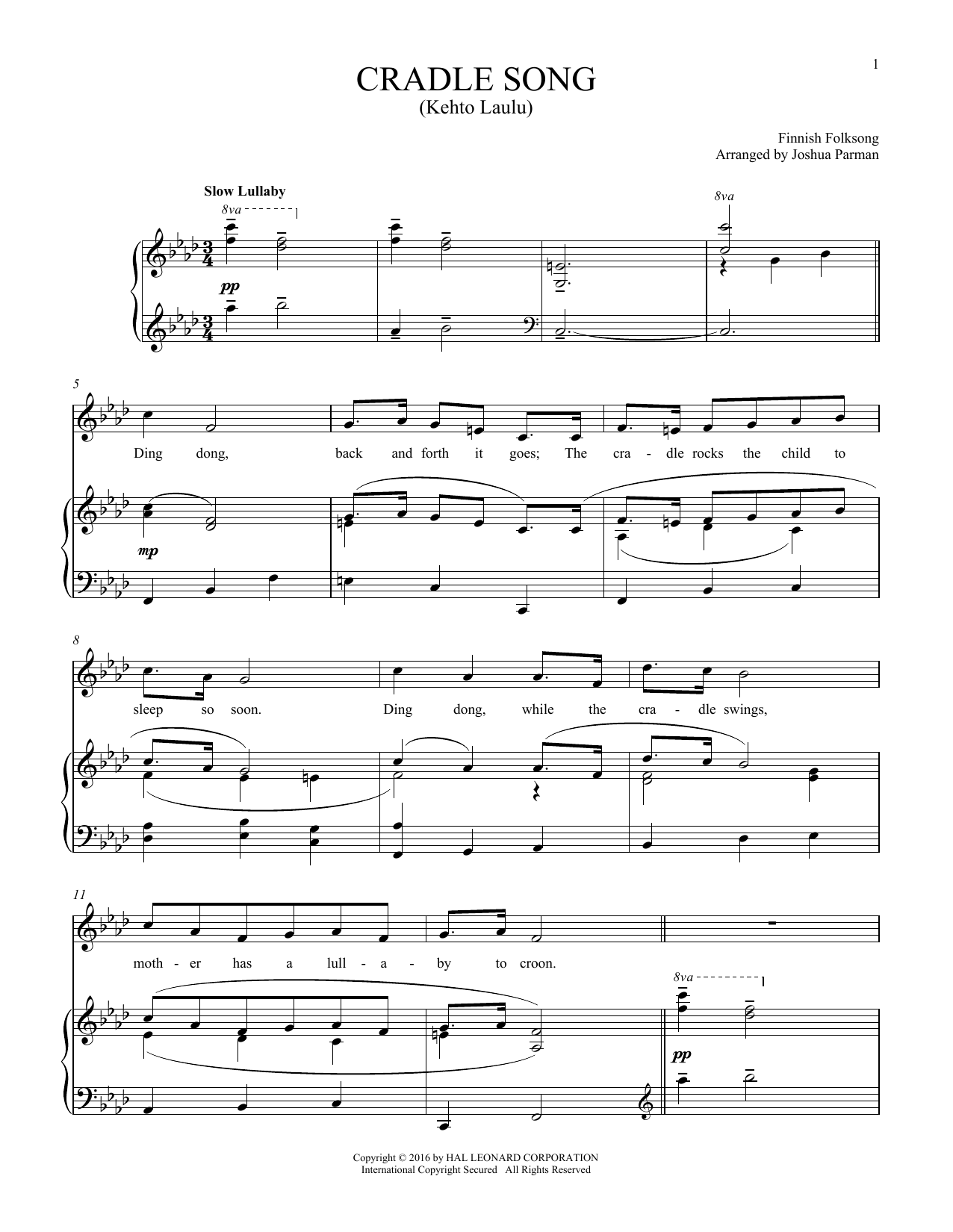 Traditional Folksong Kehto Laula (Cradle Song) sheet music notes and chords arranged for Piano & Vocal