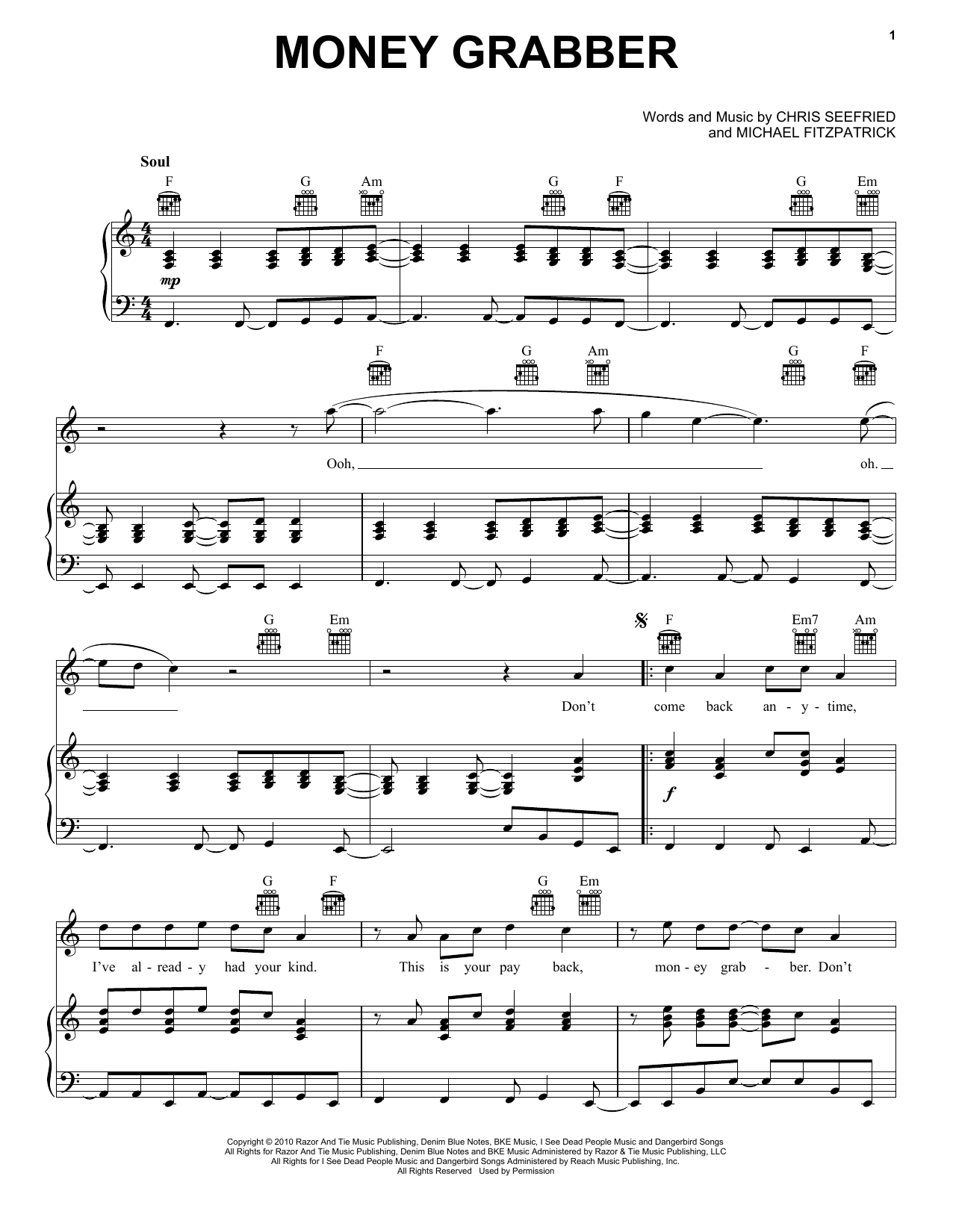 Fitz and the Tantrums Money Grabber sheet music notes and chords arranged for Piano, Vocal & Guitar Chords (Right-Hand Melody)