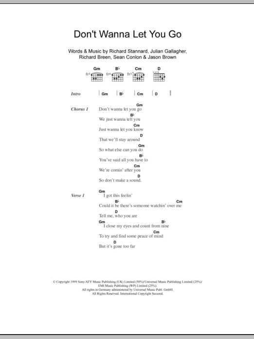 Learn to play Five Don't Wanna Let You Go sheet music for Guitar Chords/Lyrics in minutes. Price: 4.4900$ Five Don't Wanna Let You Go sheet music notes and chords arranged for Guitar Chords/Lyrics