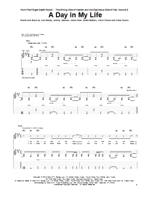 Learn to play Five Finger Death Punch A Day In My Life sheet music for Guitar Tab in minutes. Price: 7.8900$ Five Finger Death Punch A Day In My Life sheet music notes and chords arranged for Guitar Tab
