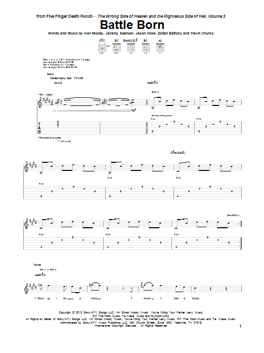 Learn to play Five Finger Death Punch Battle Born sheet music for Guitar Tab in minutes. Price: 7.8900$ Five Finger Death Punch Battle Born sheet music notes and chords arranged for Guitar Tab