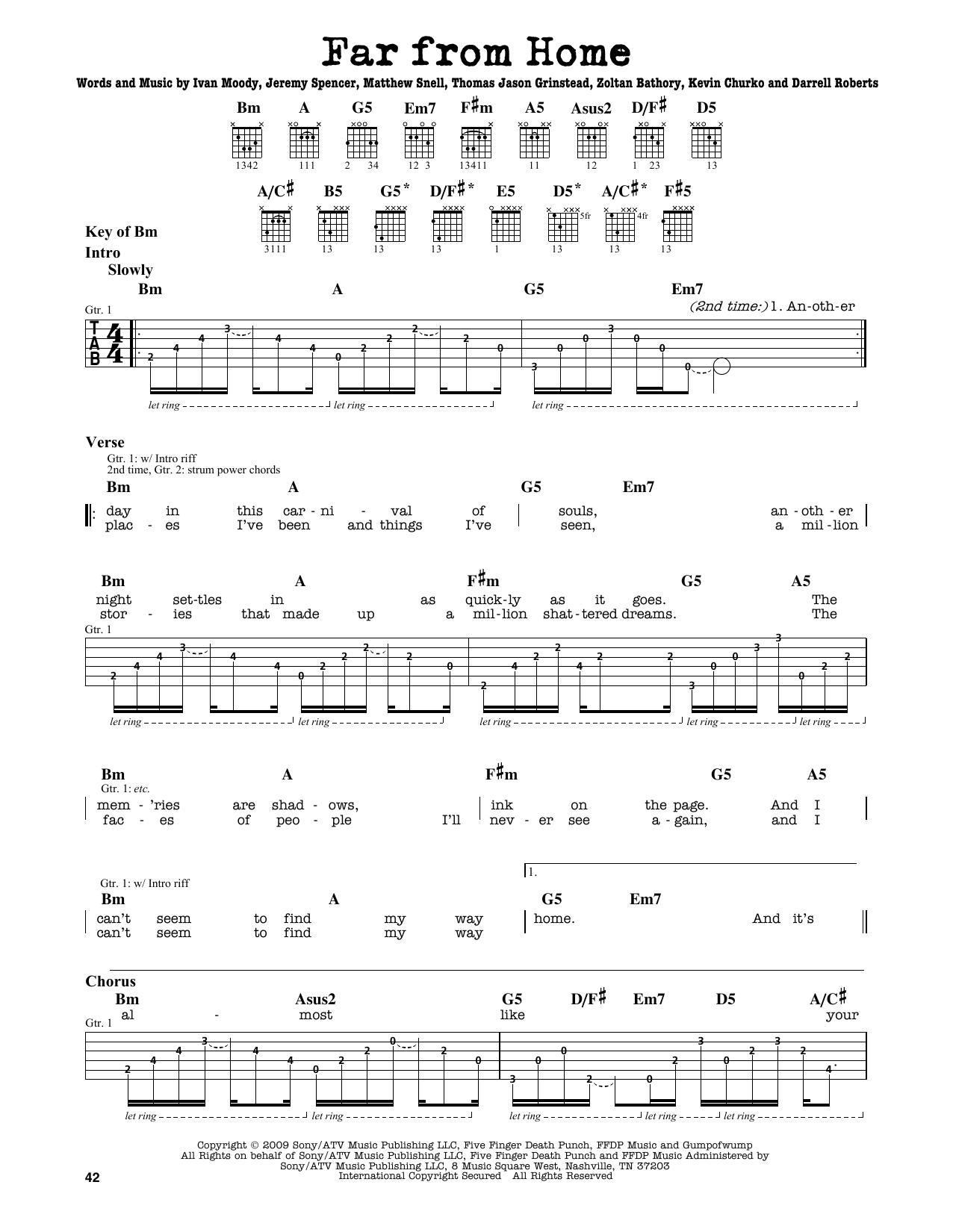 Five Finger Death Punch Far From Home sheet music notes and chords. Download Printable PDF.