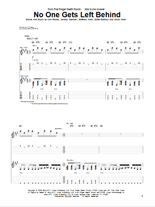 Five Finger Death Punch No One Gets Left Behind sheet music notes and chords arranged for Guitar Tab