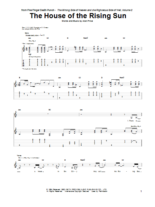 Five Finger Death Punch The House Of The Rising Sun sheet music notes and chords. Download Printable PDF.