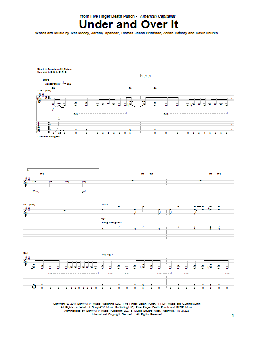 Five Finger Death Punch Under And Over It sheet music notes and chords arranged for Guitar Tab