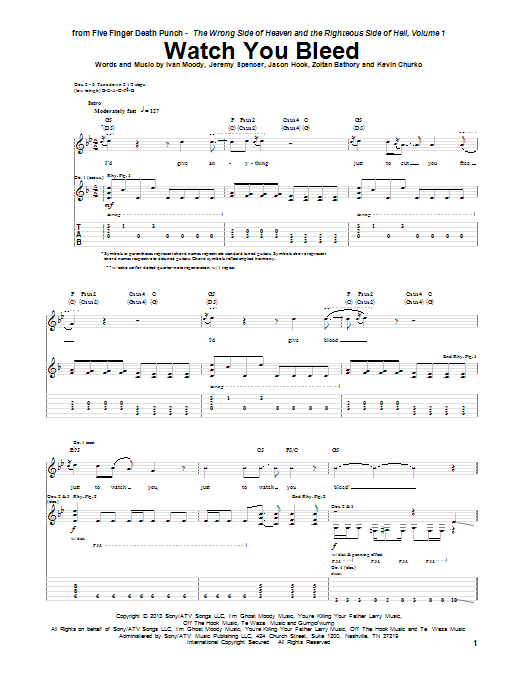 Learn to play Five Finger Death Punch Watch You Bleed sheet music for Guitar Tab in minutes. Price: 7.8900$ Five Finger Death Punch Watch You Bleed sheet music notes and chords arranged for Guitar Tab