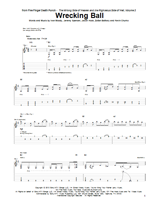 Learn to play Five Finger Death Punch Wrecking Ball sheet music for Guitar Tab in minutes. Price: 7.8900$ Five Finger Death Punch Wrecking Ball sheet music notes and chords arranged for Guitar Tab