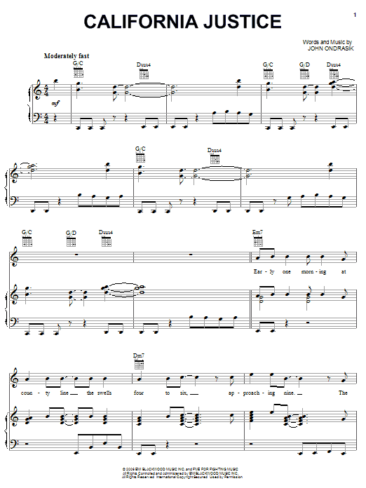 Learn to play Five For Fighting California Justice sheet music for Piano, Vocal & Guitar Chords (Right-Hand Melody) in minutes. Price: 7.8900$ Five For Fighting California Justice sheet music notes and chords arranged for Piano, Vocal & Guitar Chords (Right-Hand Melody)