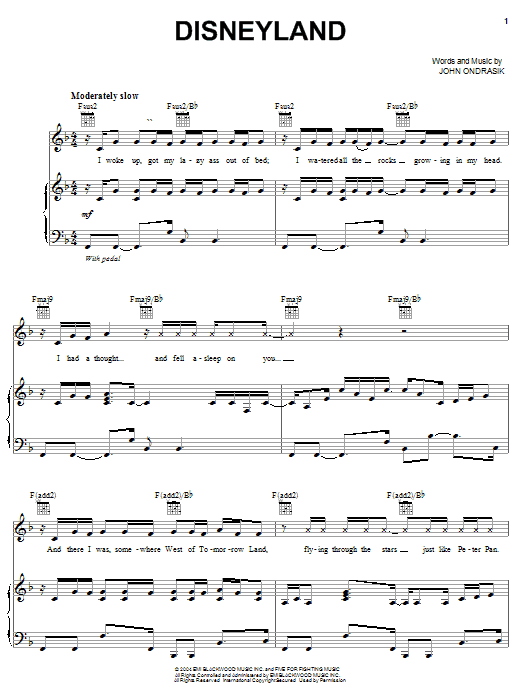 Learn to play Five For Fighting Disneyland sheet music for Piano, Vocal & Guitar Chords (Right-Hand Melody) in minutes. Price: 7.8900$ Five For Fighting Disneyland sheet music notes and chords arranged for Piano, Vocal & Guitar Chords (Right-Hand Melody)