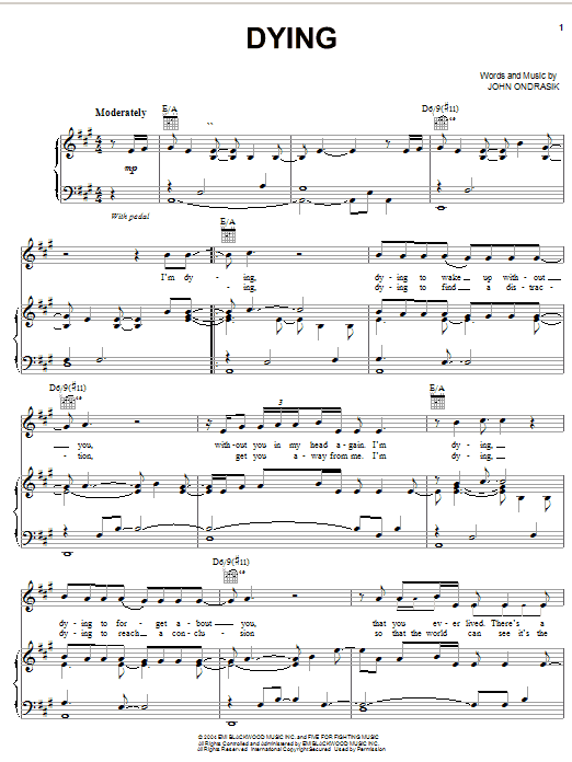 Learn to play Five For Fighting Dying sheet music for Piano, Vocal & Guitar Chords (Right-Hand Melody) in minutes. Price: 7.8900$ Five For Fighting Dying sheet music notes and chords arranged for Piano, Vocal & Guitar Chords (Right-Hand Melody)