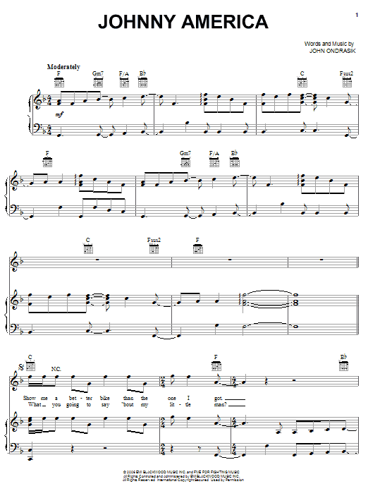 Learn to play Five For Fighting Johnny America sheet music for Piano, Vocal & Guitar Chords (Right-Hand Melody) in minutes. Price: 7.8900$ Five For Fighting Johnny America sheet music notes and chords arranged for Piano, Vocal & Guitar Chords (Right-Hand Melody)
