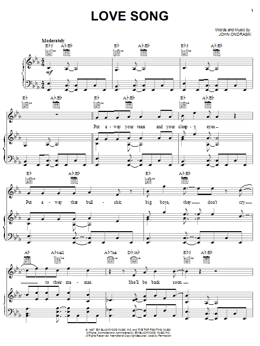 Learn to play Five For Fighting Love Song sheet music for Piano, Vocal & Guitar Chords (Right-Hand Melody) in minutes. Price: 7.8900$ Five For Fighting Love Song sheet music notes and chords arranged for Piano, Vocal & Guitar Chords (Right-Hand Melody)
