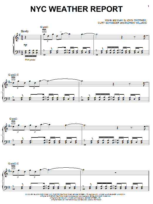 Learn to play Five For Fighting NYC Weather Report sheet music for Piano, Vocal & Guitar Chords (Right-Hand Melody) in minutes. Price: 7.8900$ Five For Fighting NYC Weather Report sheet music notes and chords arranged for Piano, Vocal & Guitar Chords (Right-Hand Melody)