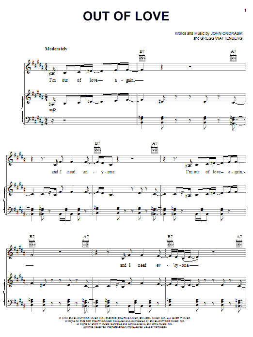 Learn to play Five For Fighting Out Of Love sheet music for Piano, Vocal & Guitar Chords (Right-Hand Melody) in minutes. Price: 7.8900$ Five For Fighting Out Of Love sheet music notes and chords arranged for Piano, Vocal & Guitar Chords (Right-Hand Melody)