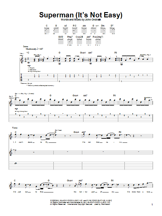 Five For Fighting Superman (It's Not Easy) sheet music notes and chords. Download Printable PDF.