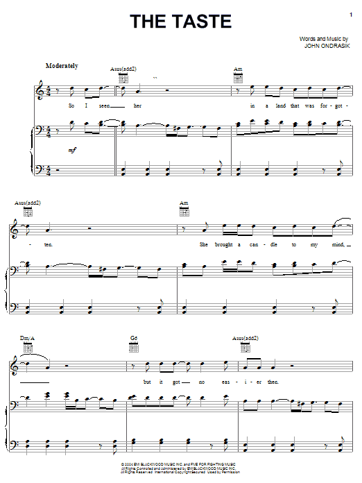 Learn to play Five For Fighting The Taste sheet music for Piano, Vocal & Guitar Chords (Right-Hand Melody) in minutes. Price: 7.8900$ Five For Fighting The Taste sheet music notes and chords arranged for Piano, Vocal & Guitar Chords (Right-Hand Melody)