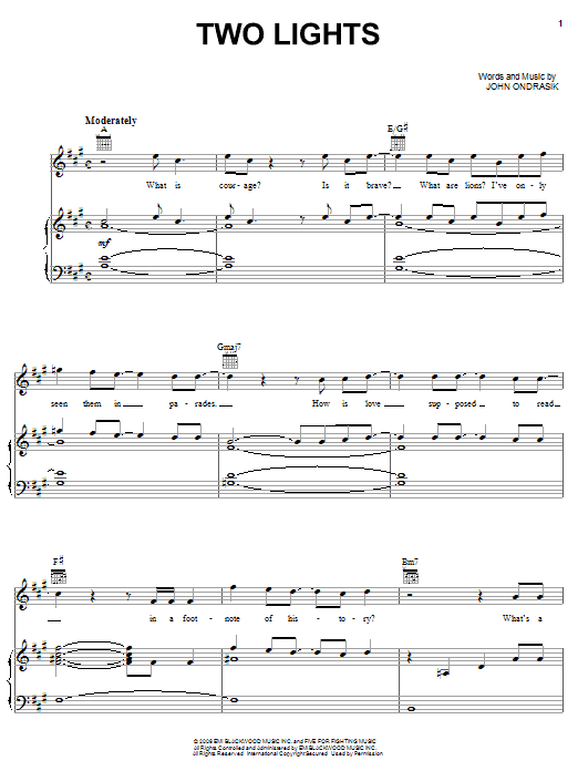 Learn to play Five For Fighting Two Lights sheet music for Piano, Vocal & Guitar Chords (Right-Hand Melody) in minutes. Price: 7.8900$ Five For Fighting Two Lights sheet music notes and chords arranged for Piano, Vocal & Guitar Chords (Right-Hand Melody)