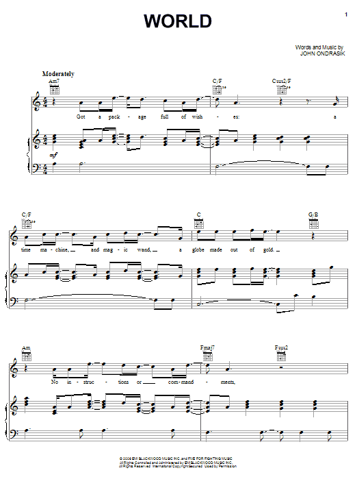 Five For Fighting World sheet music notes and chords arranged for Piano, Vocal & Guitar Chords (Right-Hand Melody)