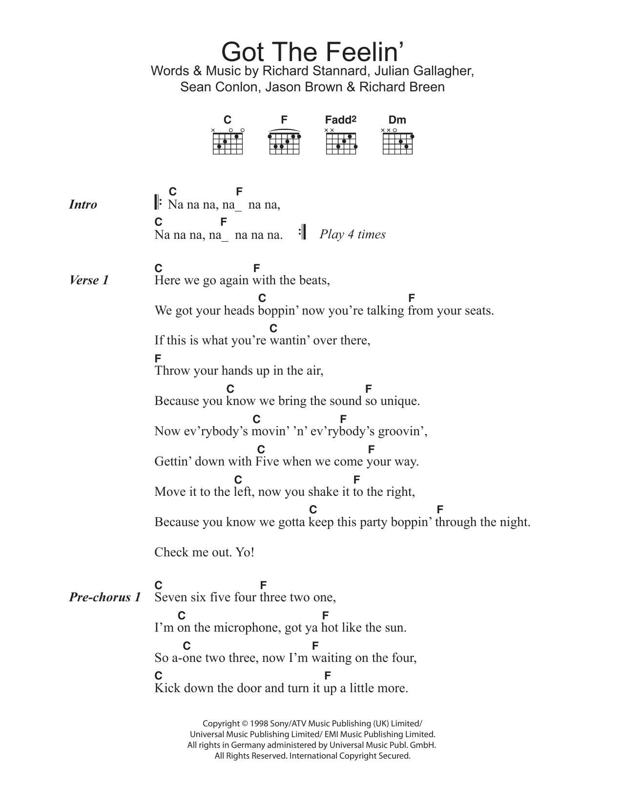 Five Got The Feelin' sheet music notes and chords. Download Printable PDF.