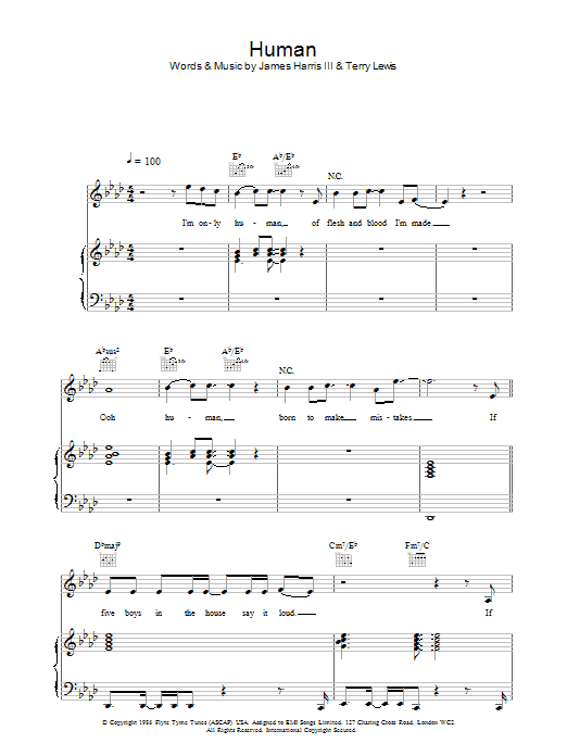 Five Human sheet music notes and chords arranged for Piano, Vocal & Guitar Chords