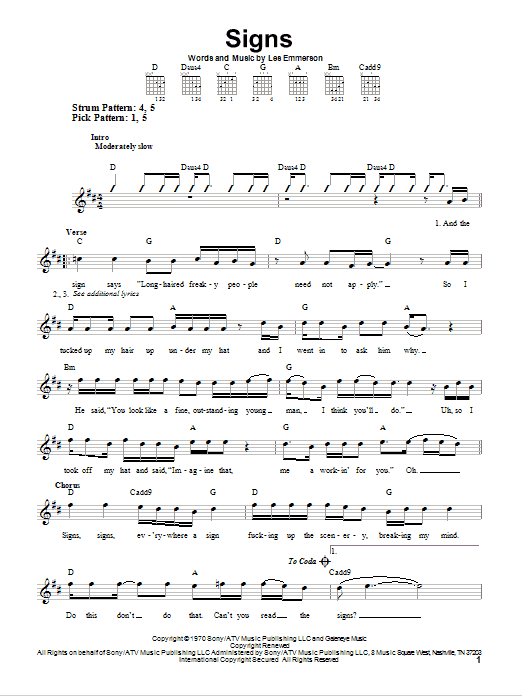 Five Man Electrical Band Signs sheet music notes and chords. Download Printable PDF.