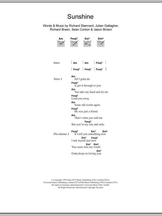 Five Sunshine sheet music notes and chords. Download Printable PDF.