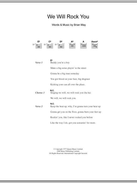 Five We Will Rock You sheet music notes and chords. Download Printable PDF.