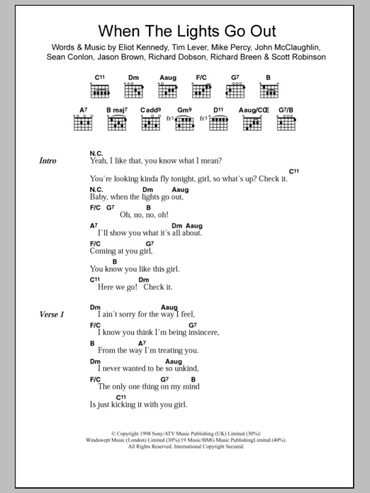 Five When The Lights Go Out sheet music notes and chords. Download Printable PDF.