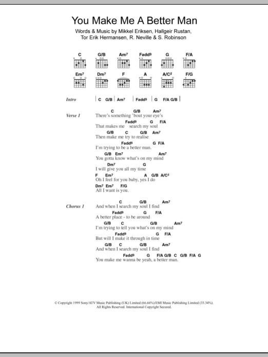 Learn to play Five You Make Me A Better Man sheet music for Guitar Chords/Lyrics in minutes. Price: 4.4900$ Five You Make Me A Better Man sheet music notes and chords arranged for Guitar Chords/Lyrics