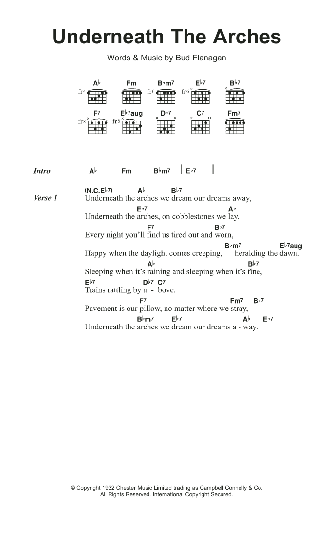 Learn to play Flanagan & Allen Underneath The Arches sheet music for Guitar Chords/Lyrics in minutes. Price: 4.4900$ Flanagan & Allen Underneath The Arches sheet music notes and chords arranged for Guitar Chords/Lyrics