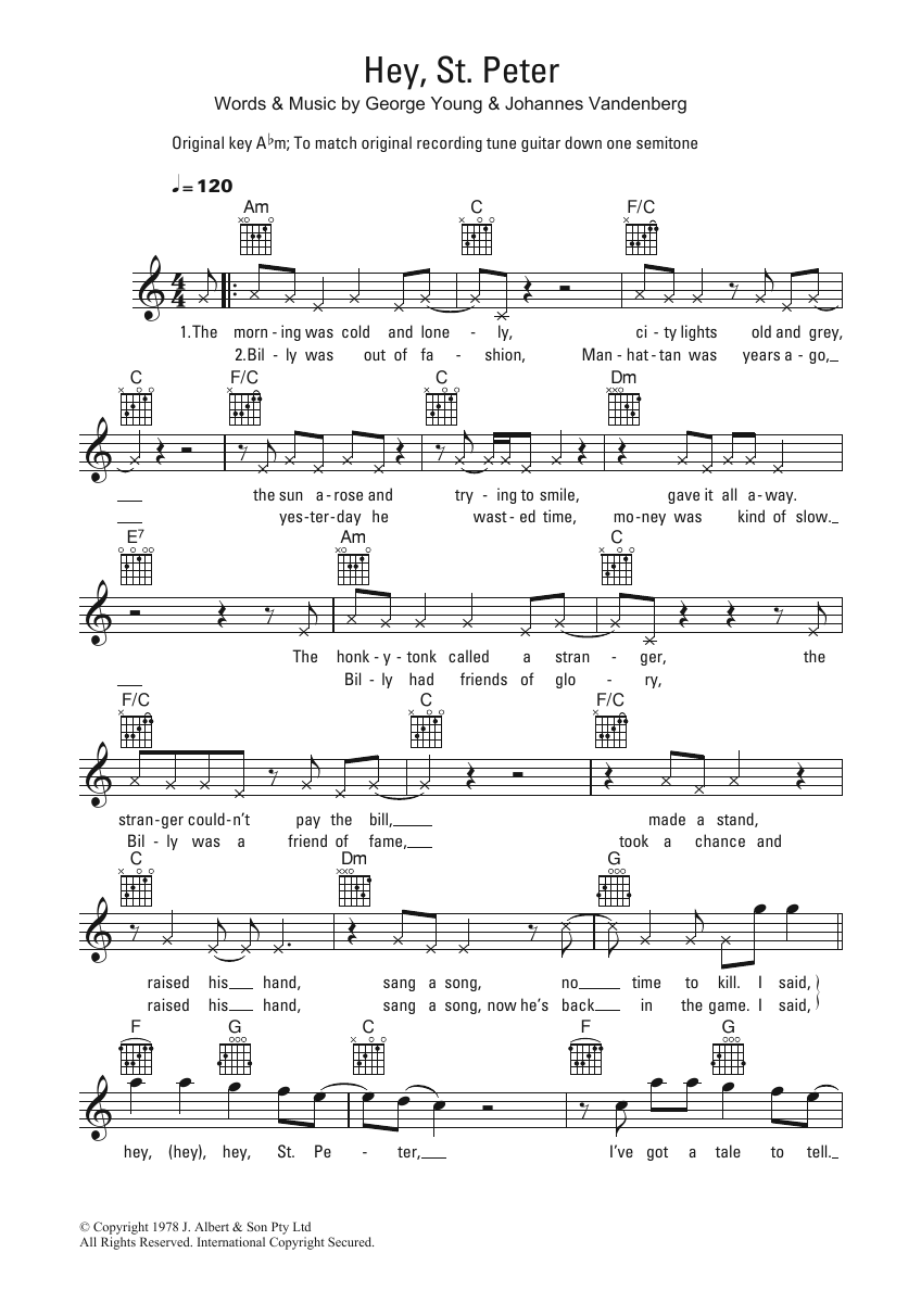 Learn to play Flash And The Pan Hey, St. Peter sheet music for Lead Sheet / Fake Book in minutes. Price: 5.9900$ Flash And The Pan Hey, St. Peter sheet music notes and chords arranged for Lead Sheet / Fake Book