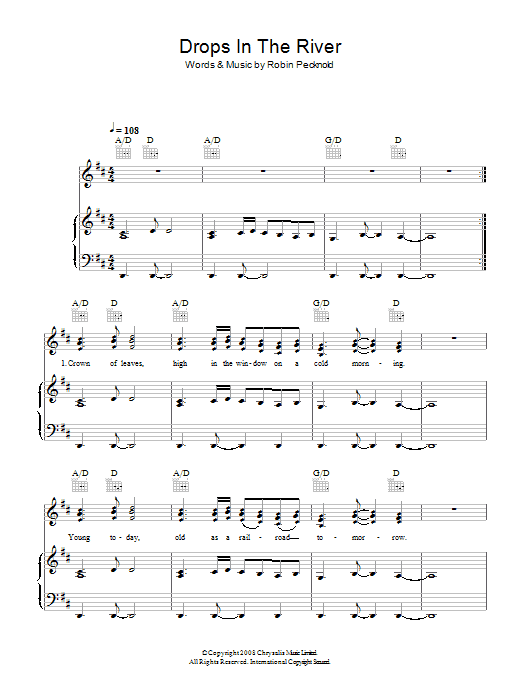 Learn to play Fleet Foxes Drops In The River sheet music for Piano, Vocal & Guitar Chords in minutes. Price: 7.8900$ Fleet Foxes Drops In The River sheet music notes and chords arranged for Piano, Vocal & Guitar Chords