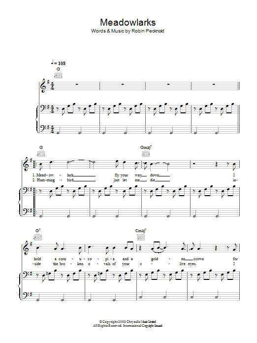 Learn to play Fleet Foxes Meadowlarks sheet music for Piano, Vocal & Guitar Chords in minutes. Price: 7.8900$ Fleet Foxes Meadowlarks sheet music notes and chords arranged for Piano, Vocal & Guitar Chords