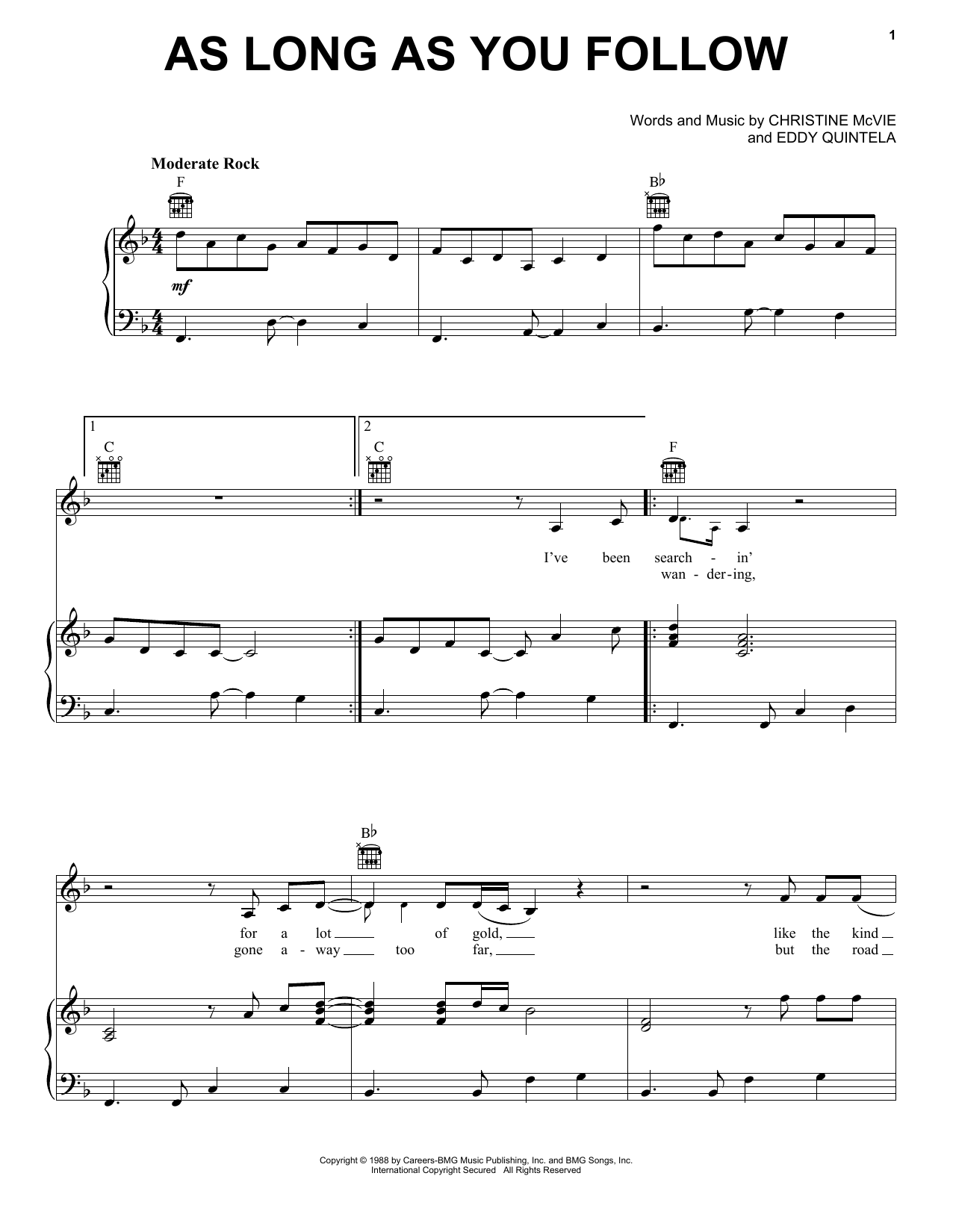 Fleetwood Mac As Long As You Follow sheet music notes and chords arranged for Piano, Vocal & Guitar Chords (Right-Hand Melody)